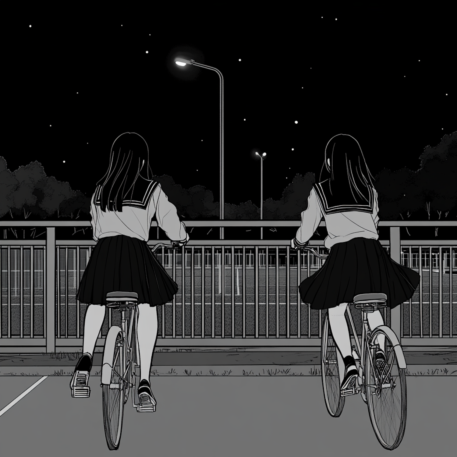 Schoolgirls' Tranquil Night Journey on Bicycles