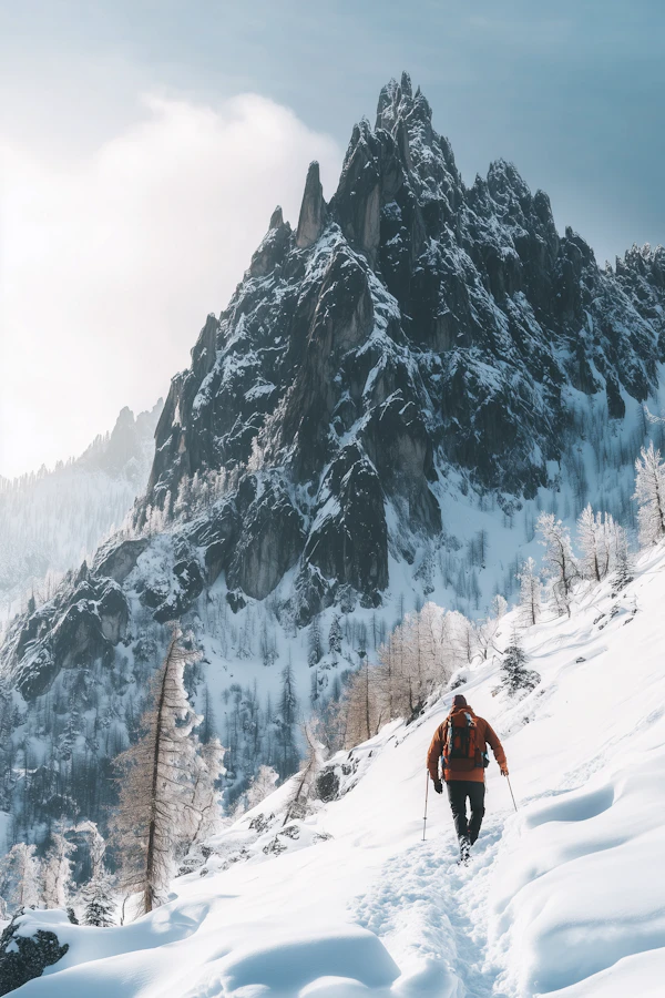 Solitary Hiker on Snowy Mountain