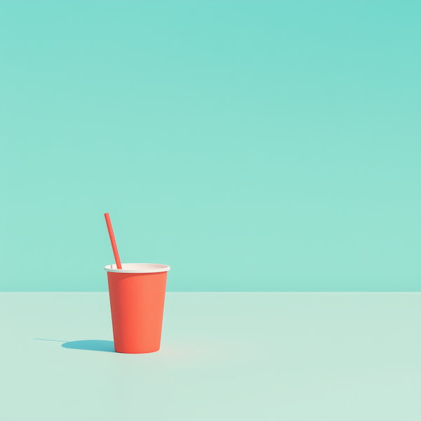 Minimalist Orange Cup with Red Straw on Teal Background