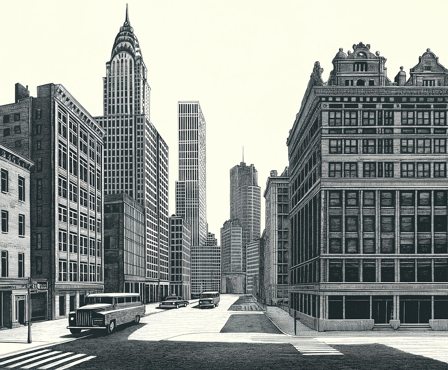 Mid-20th Century American Cityscape Illustration