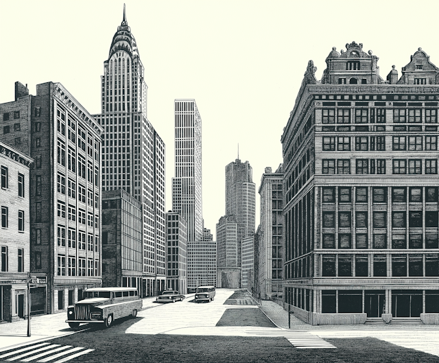 Mid-20th Century American Cityscape Illustration