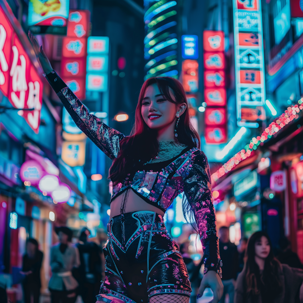 Celebratory Woman in Neon-lit City