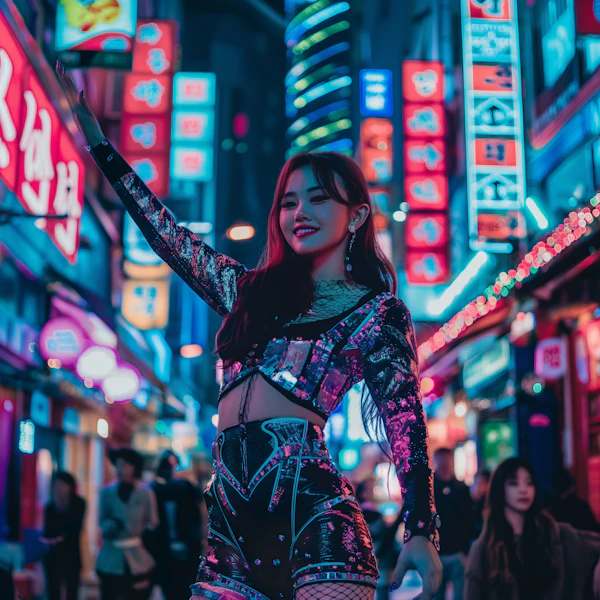 Celebratory Woman in Neon-lit City
