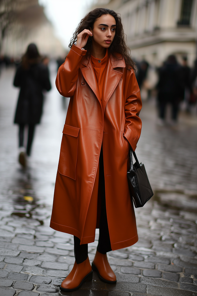 Woman in Orange Leather Coat on Cobblestone Street