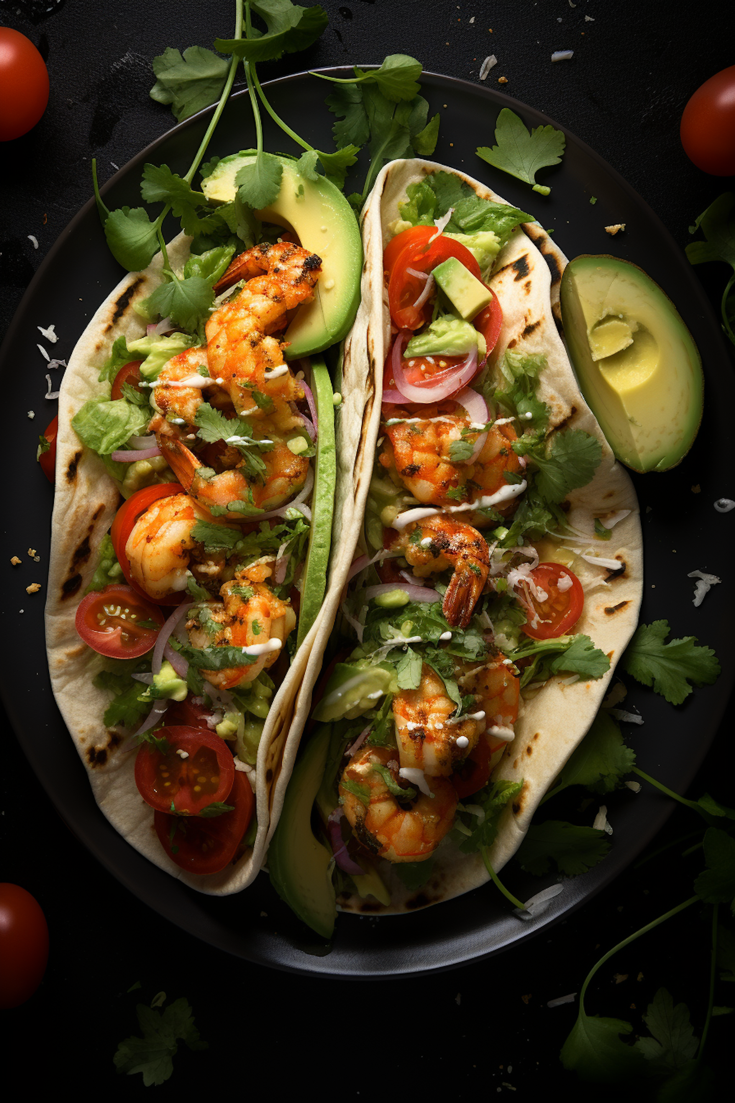 Grilled Shrimp Tacos on Dark Plate with Avocado and Creamy Sauce