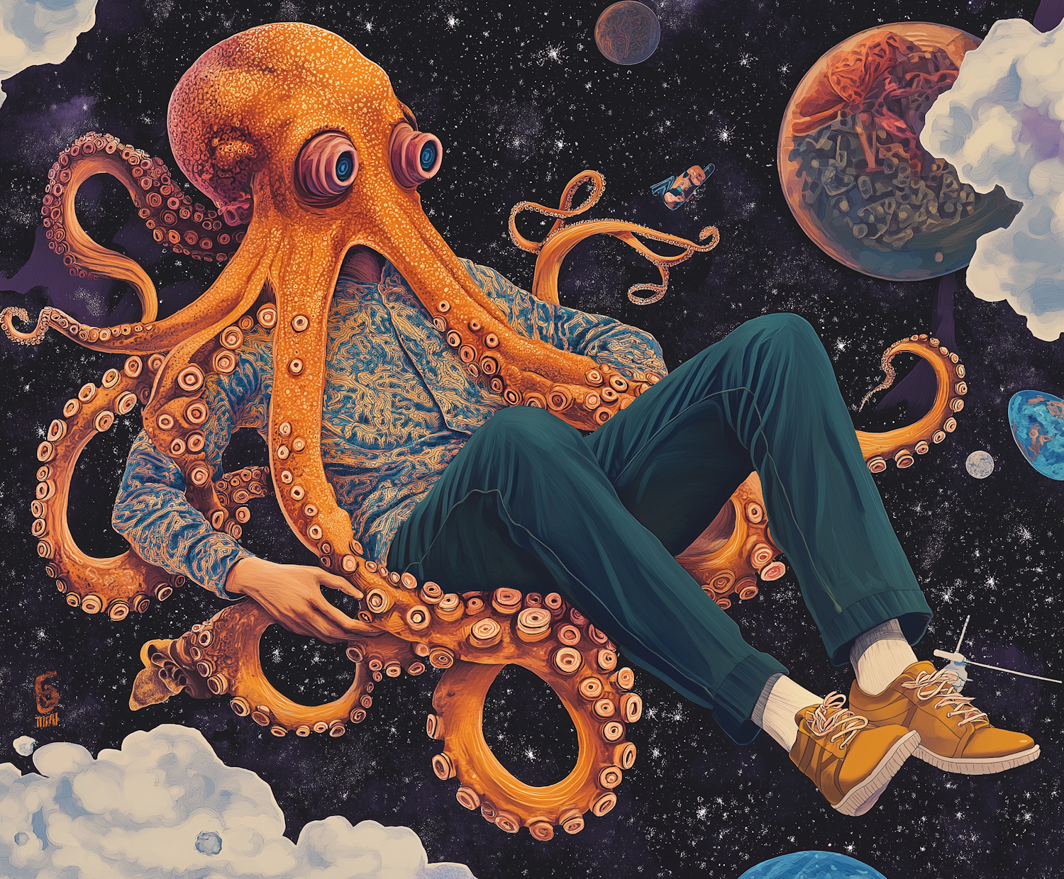 Surreal Octopus-Headed Figure in Space