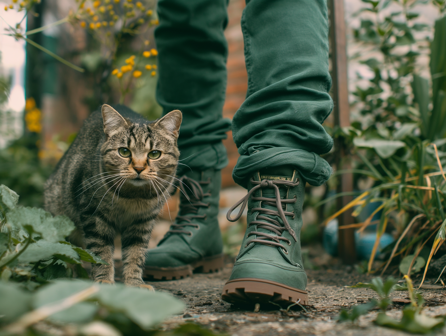 Tabby Cat and Human Companion in Garden