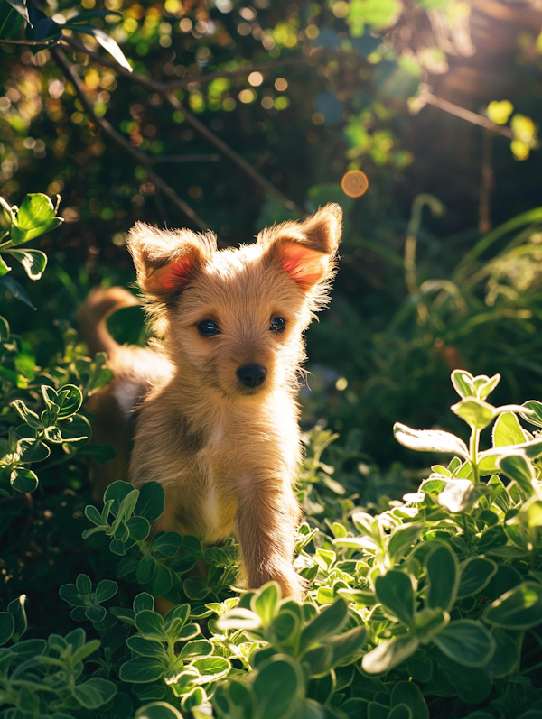 Curious Puppy in Sunlit Garden