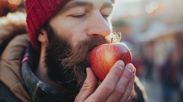 Man Smelling Red Apple