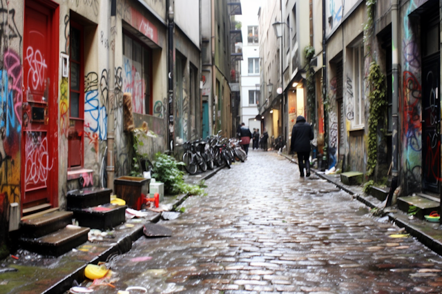 Graffiti Splashed Cobblestone Alley