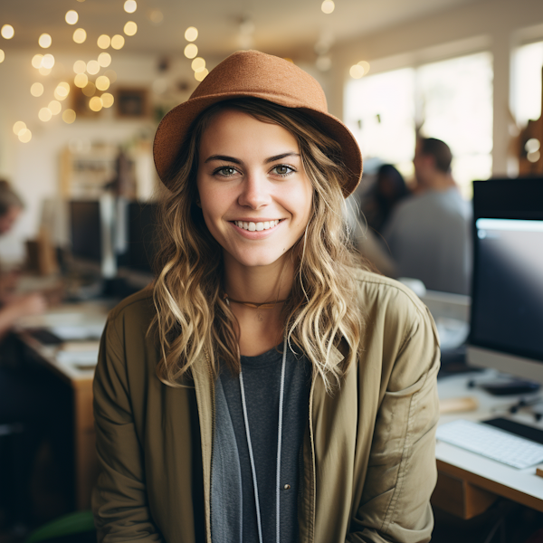 Caramel Hat and Olive Jacket - Casual Confident Woman with a Friendly Smile