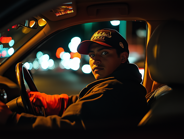 Young Man in Car at Night