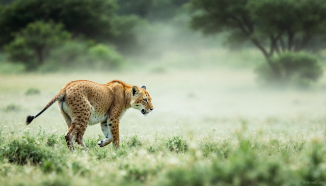 Lion-Cheetah Hybrid in Grassy Landscape