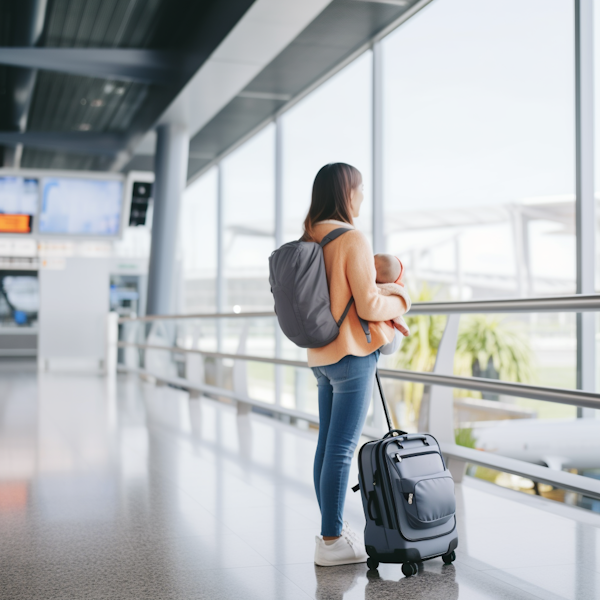 Traveling Mother with Sleeping Infant at Airport