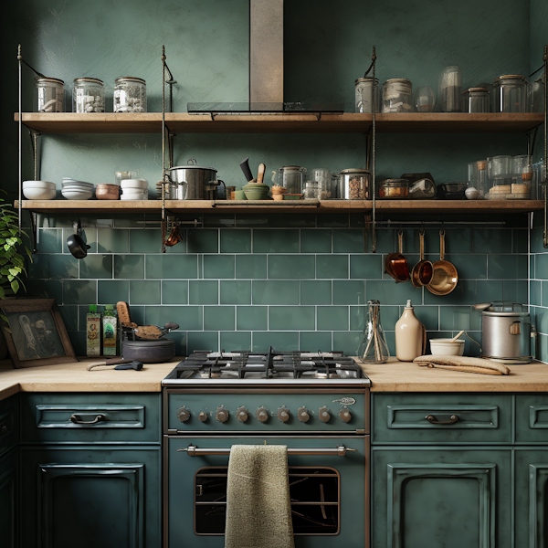 Vintage Teal Kitchen with Rustic Charm
