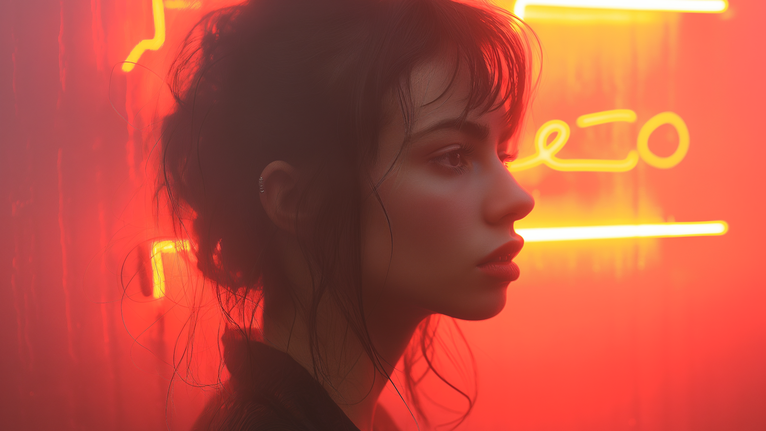 Ethereal Woman in Red Neon Light