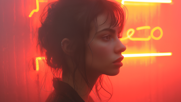 Ethereal Woman in Red Neon Light