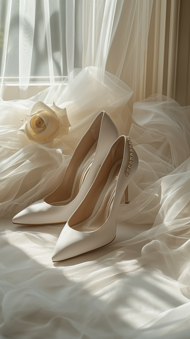 Elegant White High Heels and Rose Composition