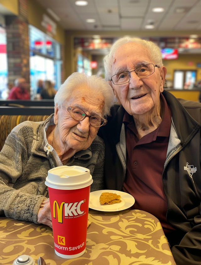 Elderly Couple Enjoying Time Together at Fast Food Restaurant