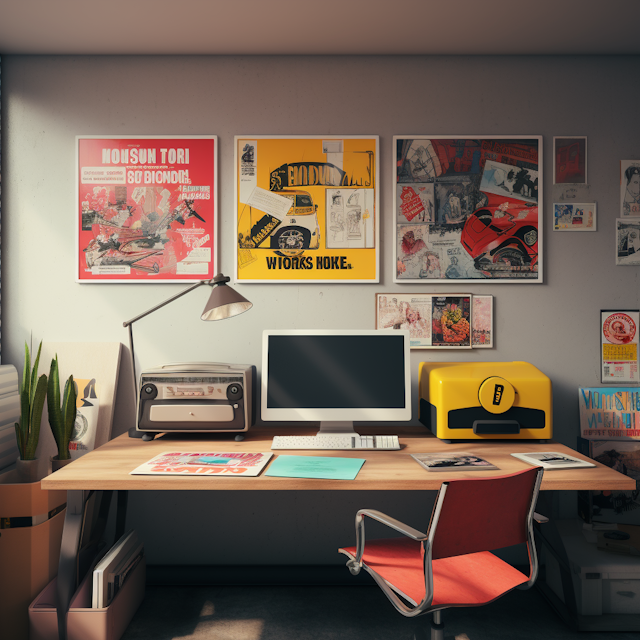 Modern Minimalist Creative Workspace with Retro Pop Accents