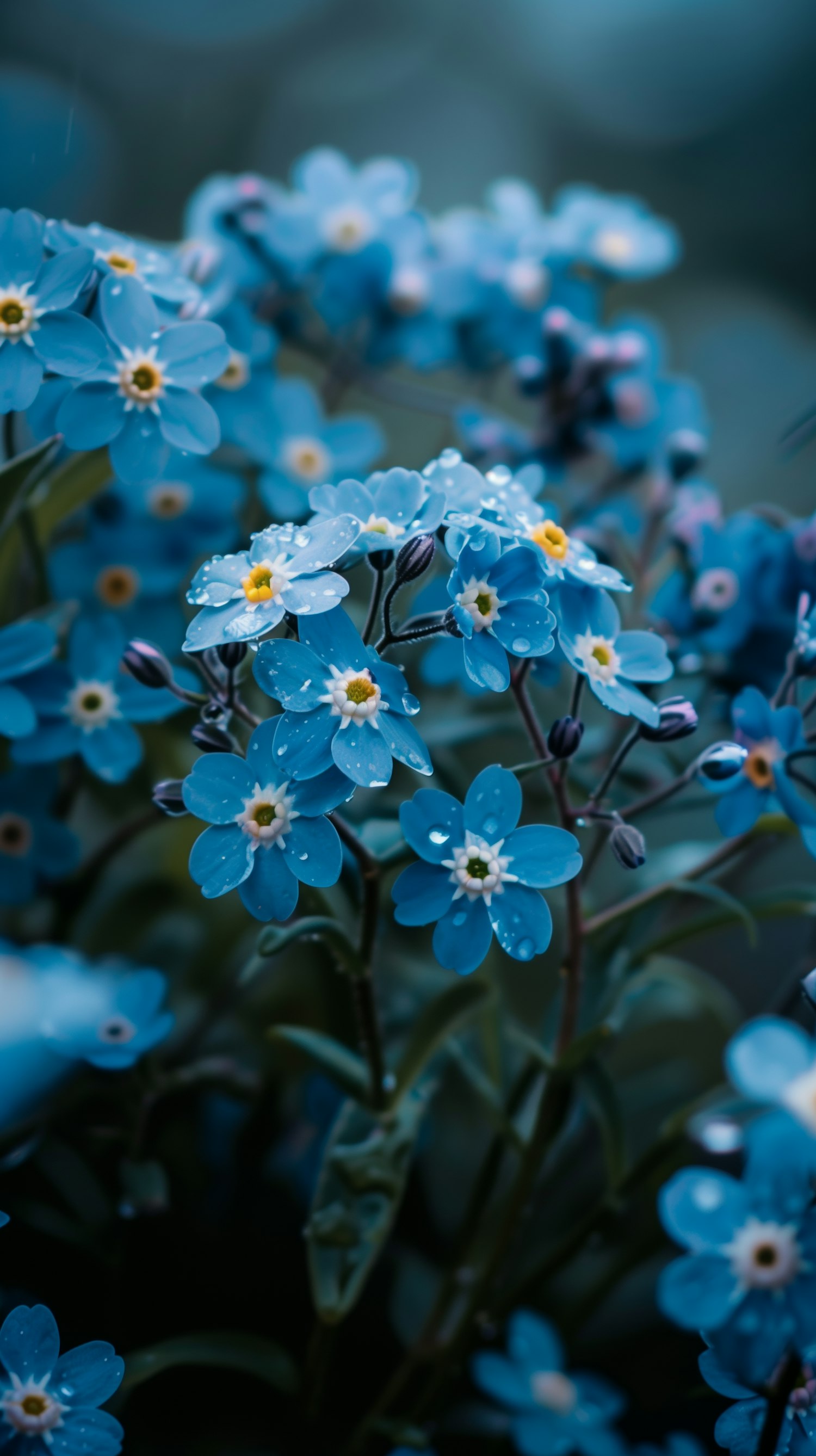 Vibrant Blue Flowers with Water Droplets