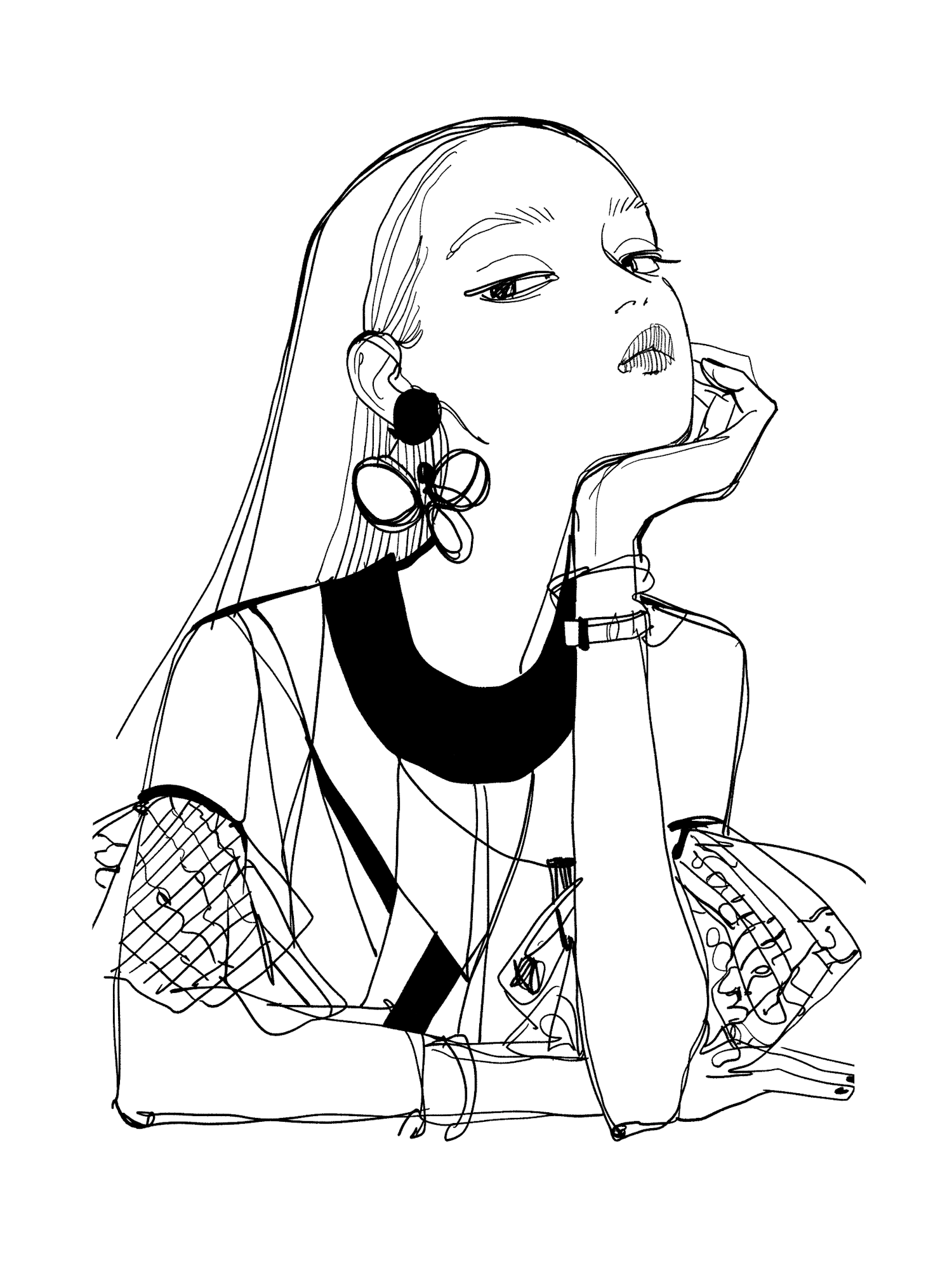 Stylized Monochrome Illustration of Thoughtful Woman