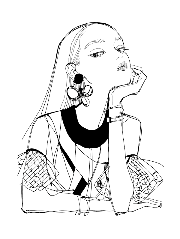 Stylized Monochrome Illustration of Thoughtful Woman