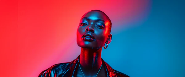 Bald-headed Woman Against Split-Colored Background