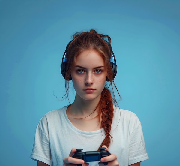 Gamer Girl Focused on Video Game