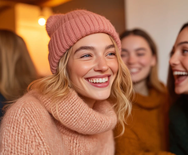 Joyful Woman in Cozy Sweater