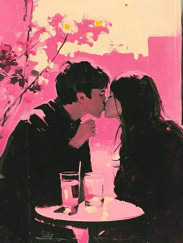 Romantic Kiss at a Table