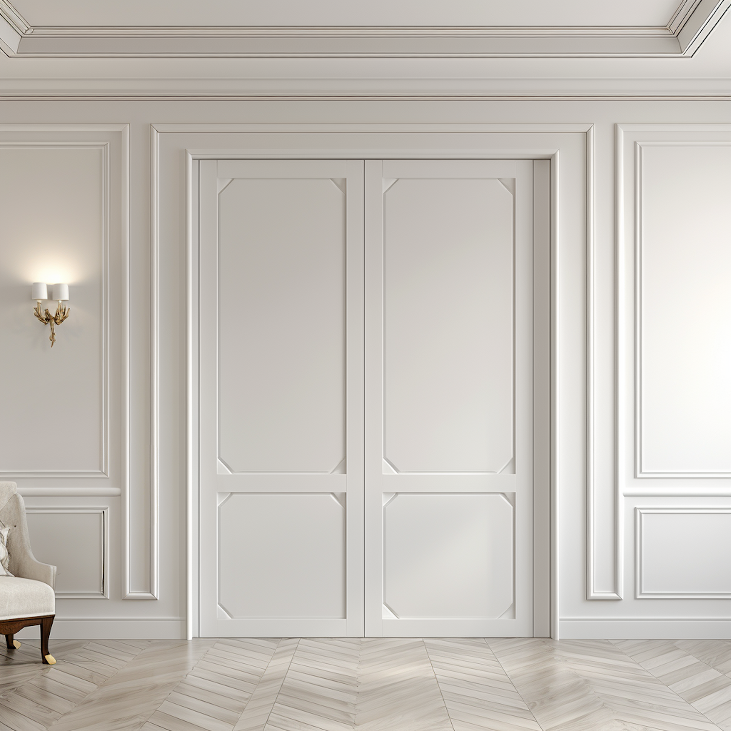 Elegant Wainscoted Room with White Double Doors