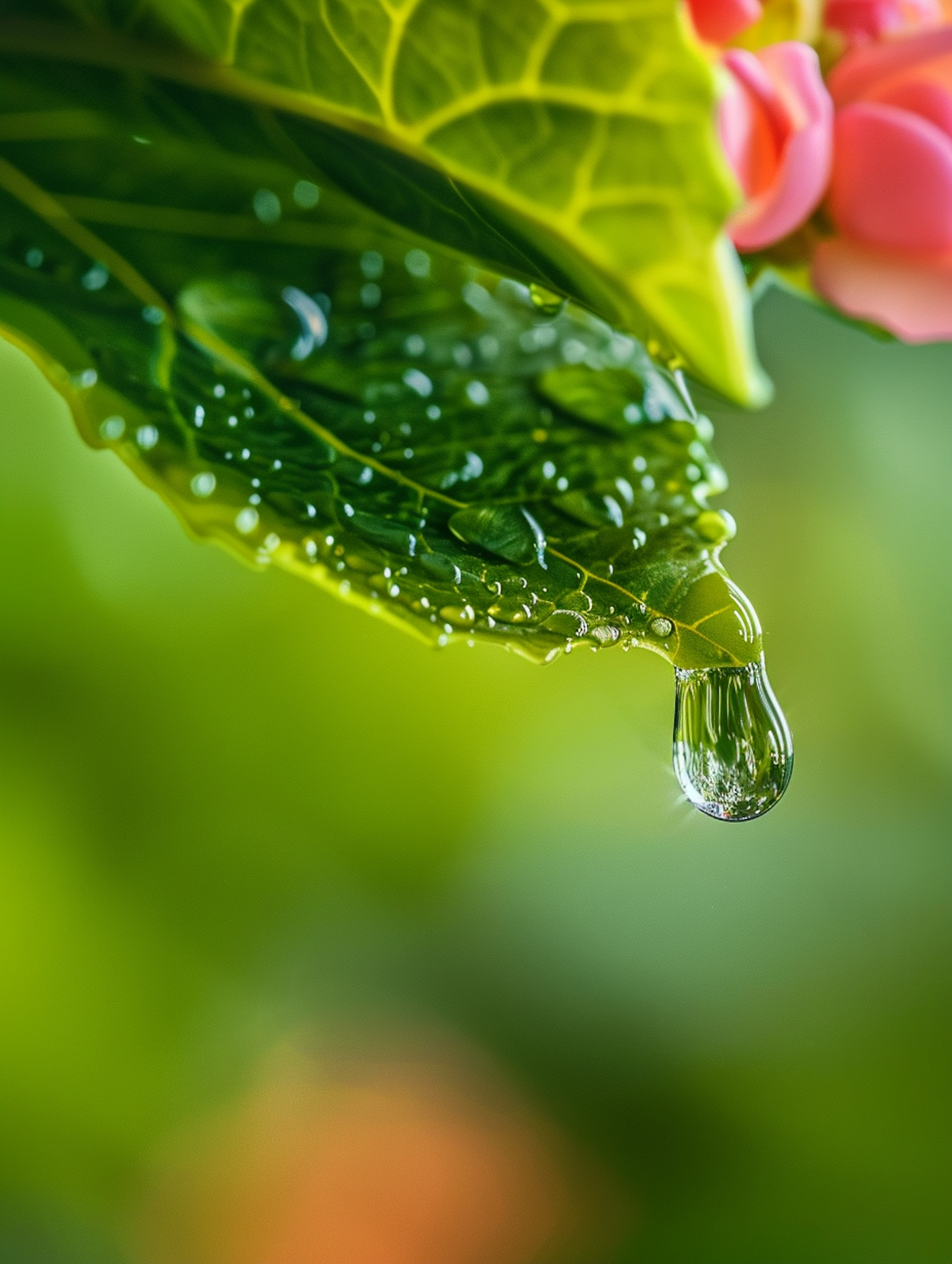 Close-up of Water Droplets on Green Leaf