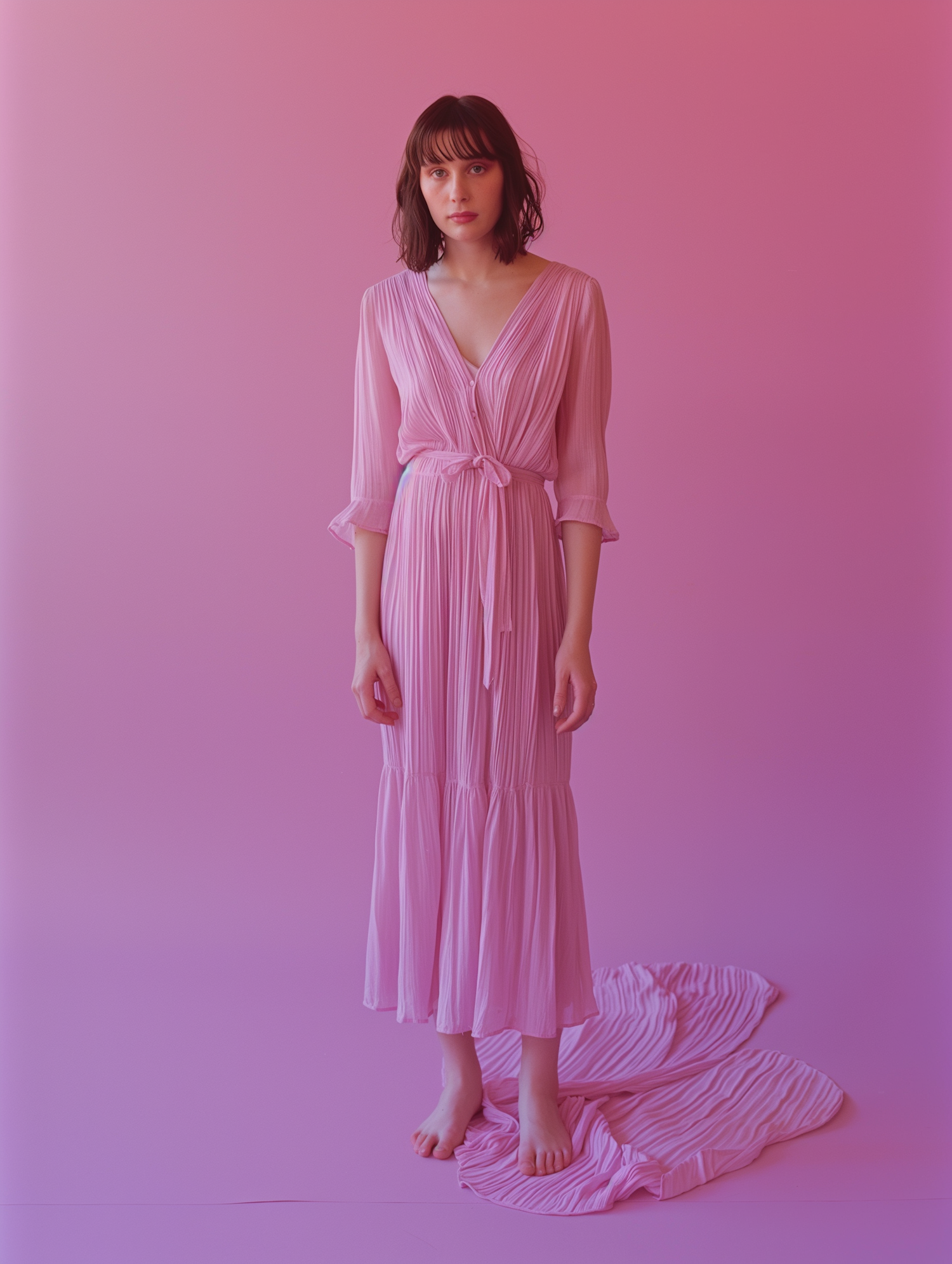 Woman in Pink Pleated Dress