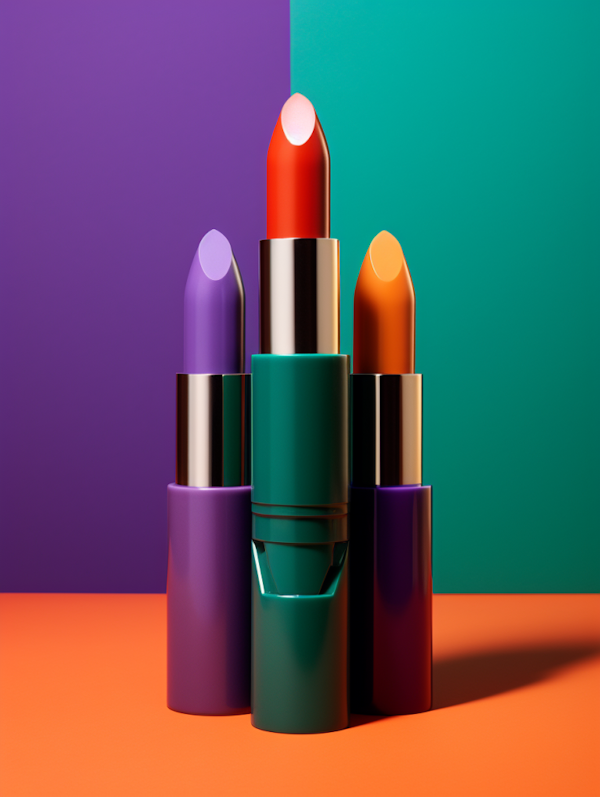 Vibrant Trio - Red, Purple & Orange Lipsticks on Dual-Tone Background