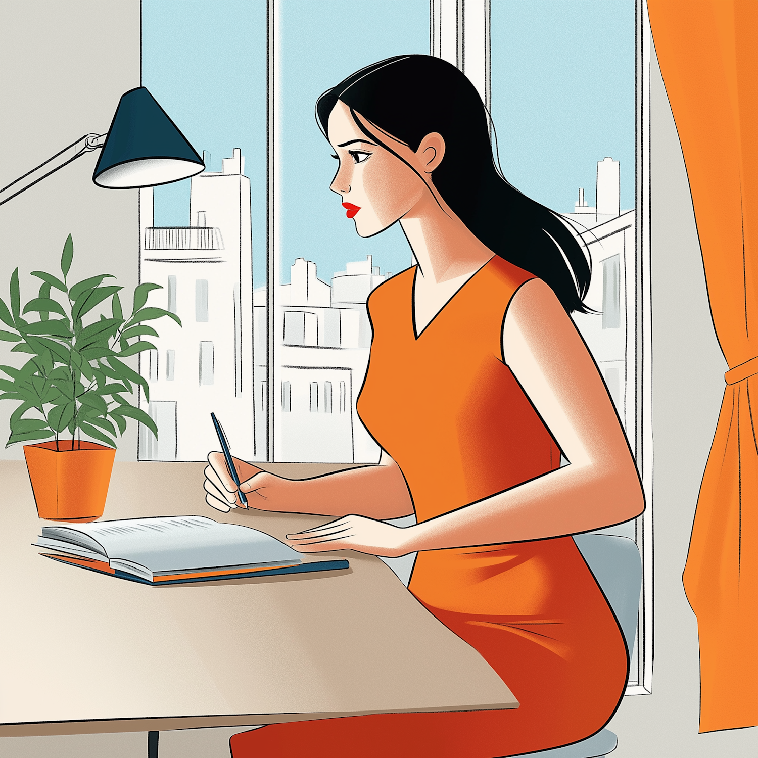 Woman Writing by the Window Illustration