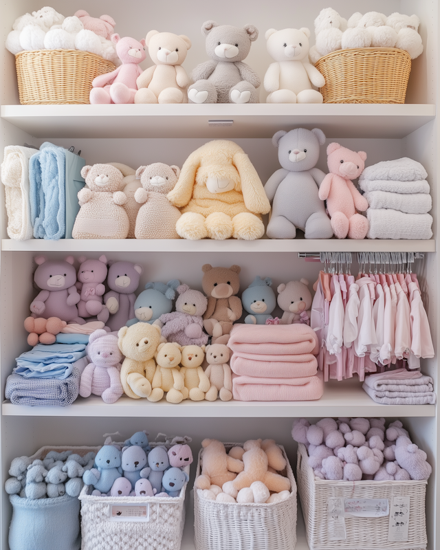 Organized Shelf with Plush Toys and Baby Items