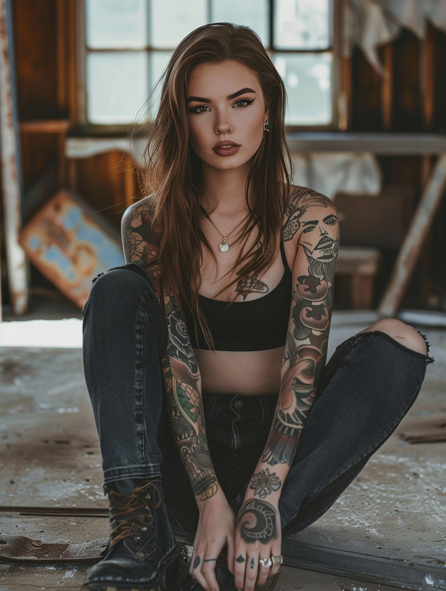 Portrait of a Tattooed Woman in Rustic Setting