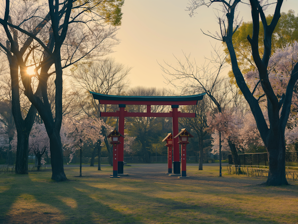 Serene Park with Japanese Torii Gate