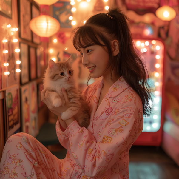 Woman in Kimono with Kitten