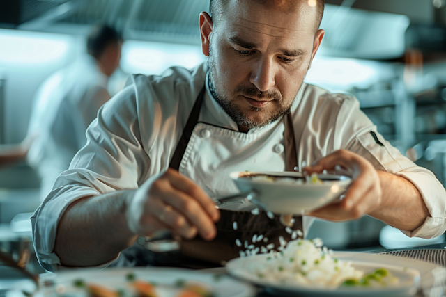 Chef Garnishing Dish in Professional Kitchen