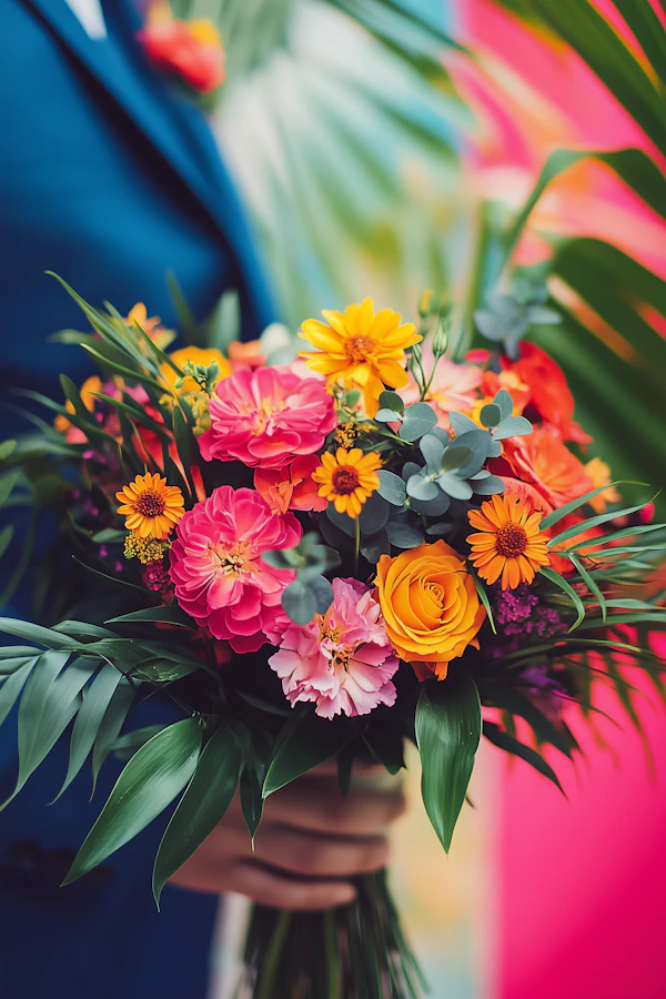 Vibrant Bouquet with Blue Suit