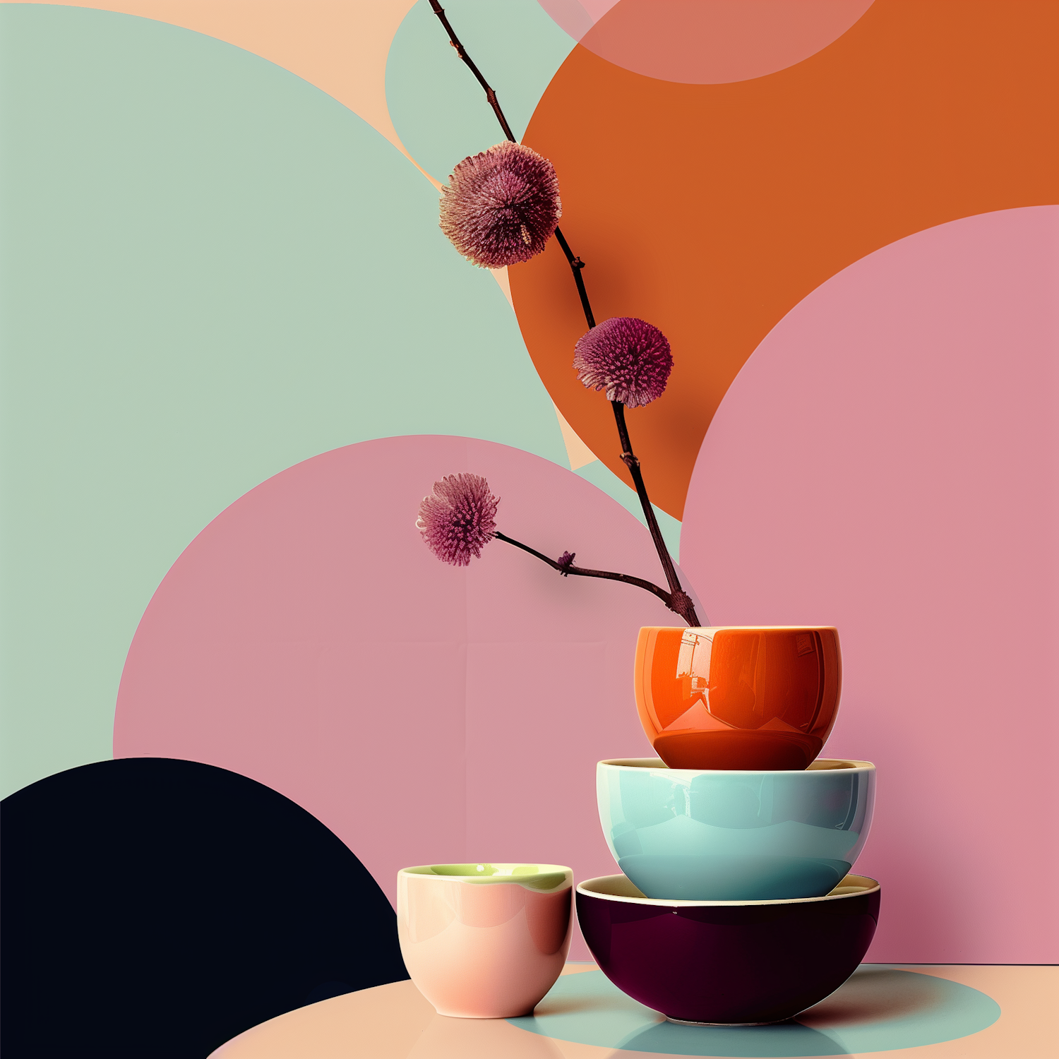 Colorful Bowls and Purple Flowers Still Life