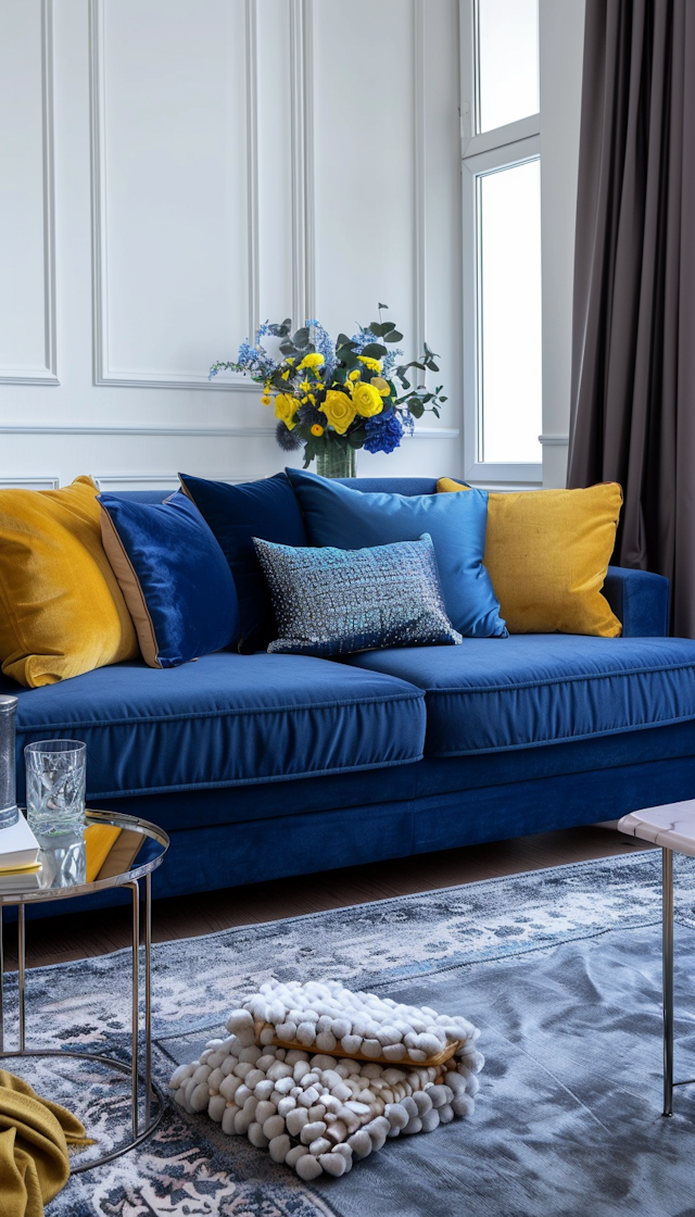 Elegant Living Room with Blue Velvet Sofa