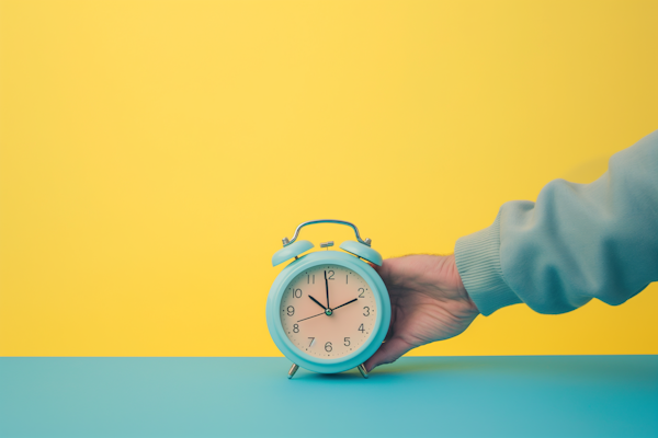 Pastel Blue Vintage Alarm Clock in Dynamic Pose on Vivid Yellow