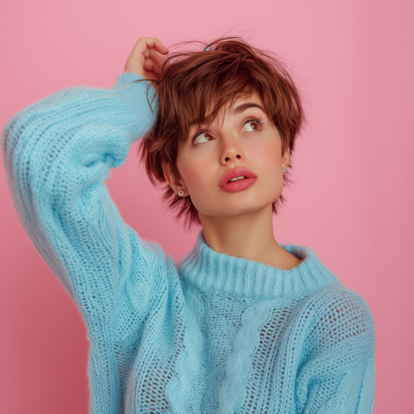 Pensive Young Woman with Blue Sweater