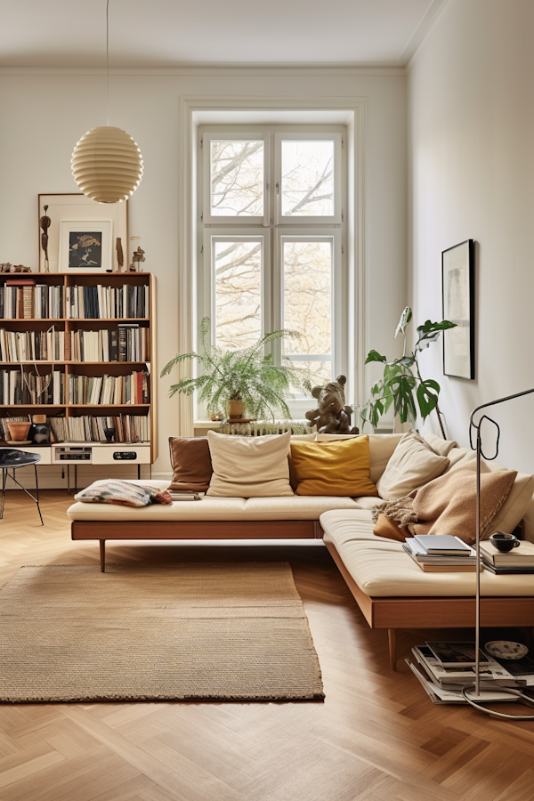 Cozy Literary Living Room with Autumnal View