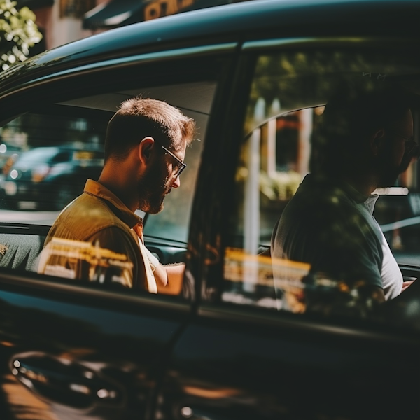 Bearded Driver in Sunlit Car Sharing a Moment with Passenger