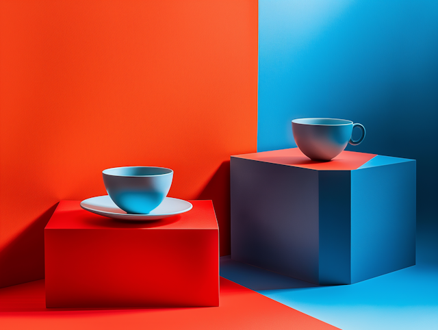 Minimalist Blue Ceramic Cups on Geometric Blocks