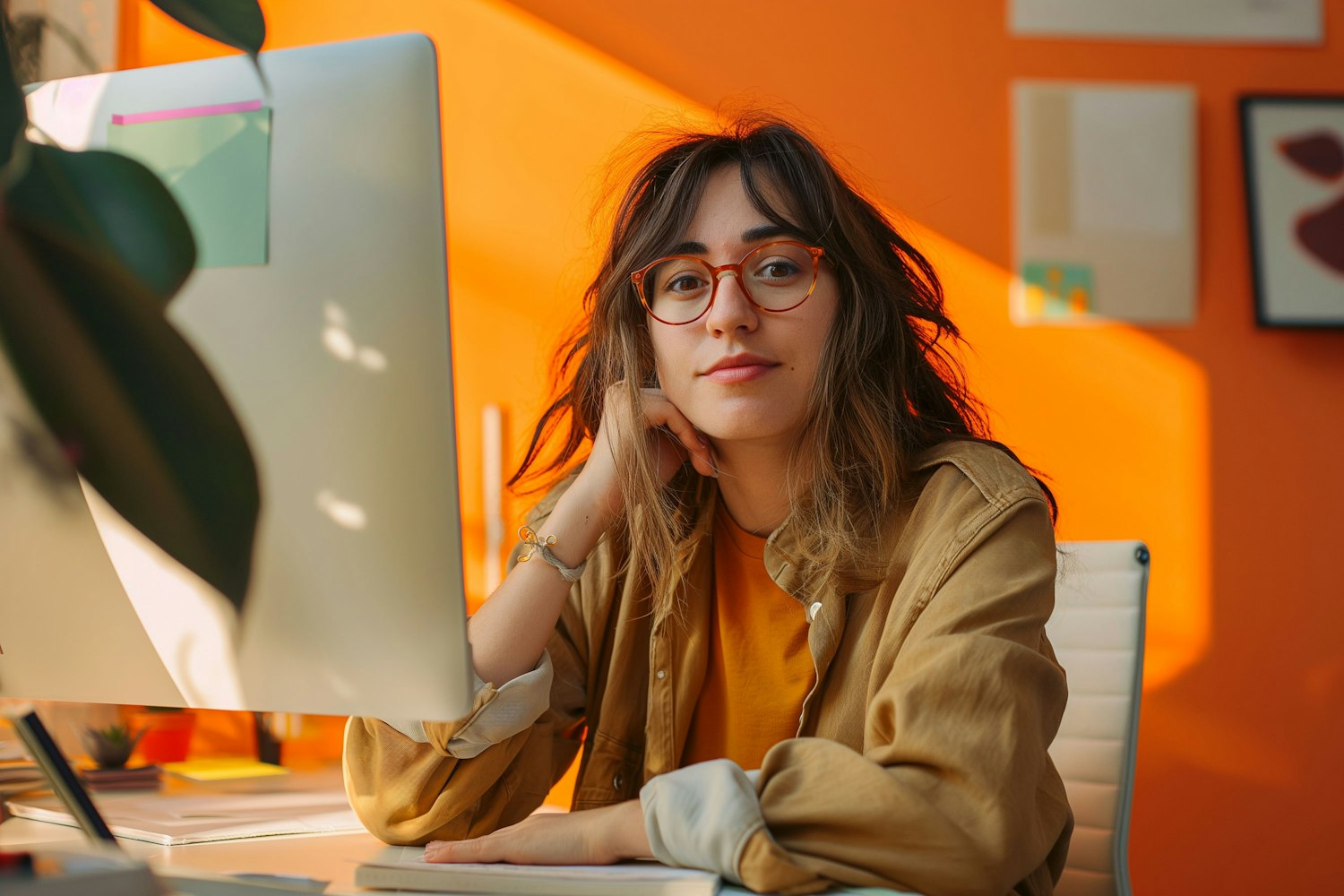 Contemplative Woman at Modern Workspace